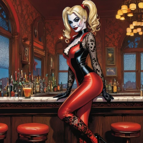 harley quinn,harley,barmaid,bartender,bartending,villainess,countess,barkeeper,vanderhorst,femme fatale,barmaids,puddin,bar,ann,maraschino,barkeep,mistress,liquor bar,have a drink,bedevil,Illustration,American Style,American Style 07