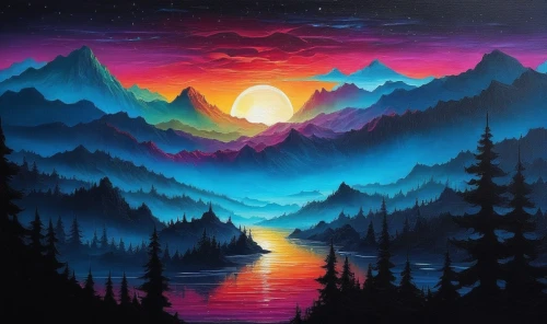 mountain sunrise,landscape background,dusk background,colorful background,fantasy landscape,mountains,dusk,moonrise,mountain landscape,paisaje,high mountains,futuristic landscape,beautiful wallpaper,evening lake,moon and star background,vast,painting technique,aurora borealis,ozark,horizon,Illustration,Realistic Fantasy,Realistic Fantasy 25