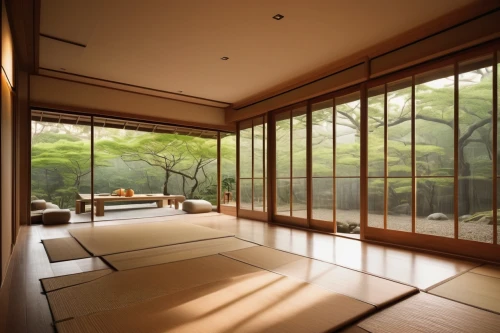 japanese-style room,ryokan,tatami,bamboo curtain,ryokans,japanese zen garden,zen garden,amanresorts,dojo,chanoyu,teahouse,wooden windows,onsen,tea ceremony,window curtain,zazen,zen,sunroom,japanese garden,zen stones,Illustration,Realistic Fantasy,Realistic Fantasy 24