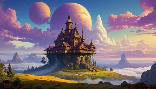 fantasy landscape,fairy tale castle,mushroom landscape,fairytale castle,mushroom island,fantasy world,fairy chimney,fantasy picture,knight's castle,fantasy city,gold castle,citadels,futuristic landscape,3d fantasy,summit castle,skylands,dreamlands,spires,mountain settlement,cartoon video game background,Conceptual Art,Sci-Fi,Sci-Fi 19