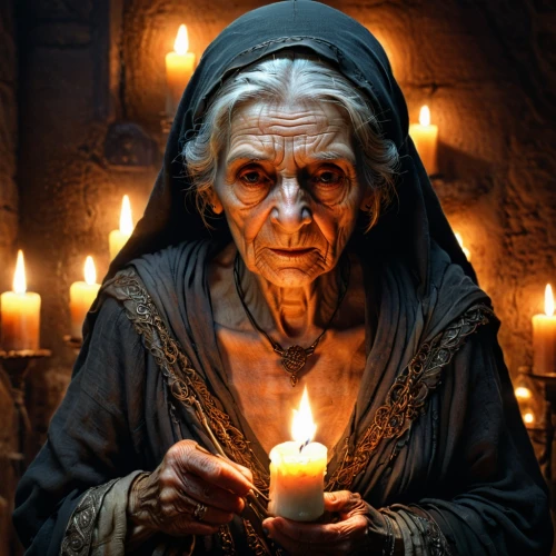 old woman,praying woman,candlemaker,candlemas,crone,grandmother,fortuneteller,woman praying,prioress,cryptkeeper,herodias,sorceress,canoness,vieja,sebelia,abuela,dolorosa,fortune teller,compline,magistra,Illustration,Realistic Fantasy,Realistic Fantasy 06