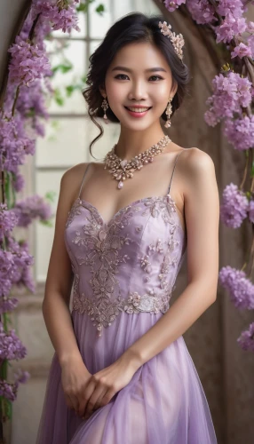 bridewealth,lilac bouquet,quinceanera,lilac blossom,purple background,quinceanera dresses,beautiful girl with flowers,quinceaneras,debutante,bridal gown,bridal dress,vietnamese woman,bridesmaid,vintage lavender background,asian woman,bridal,purple dress,bridal jewelry,lilac flower,lilac flowers,Photography,General,Natural
