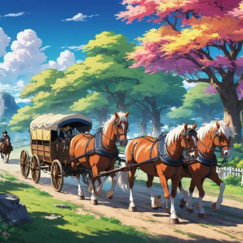wooden carriage,horse drawn,horse-drawn carriage,pony farm,horse carriage,epona,carriage,horsecars,horse drawn carriage,horse and cart,horses,old wagon train,equines,equine,beautiful horses,horse herd,clydesdales,horse-drawn vehicle,maple road,greenbriar,Illustration,Japanese style,Japanese Style 03