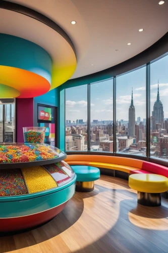 sky apartment,colorful spiral,candyland,yotel,technicolour,penthouses,great room,skyloft,modern decor,apartment lounge,playrooms,kids room,colorful city,chaise lounge,playroom,interior design,maximalism,andaz,rainbow color palette,color wall,Art,Classical Oil Painting,Classical Oil Painting 42