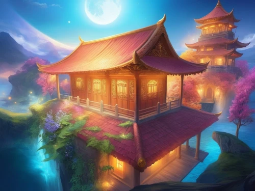 teahouse,oriental lantern,dojo,teahouses,asian architecture,mid-autumn festival,tianxia,ancient house,yuexiu,background design,cartoon video game background,chuseok,jinchuan,landscape background,hanging temple,dalixia,japanese shrine,rongfeng,taoist,fantasy landscape,Illustration,Realistic Fantasy,Realistic Fantasy 01