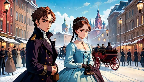 snow scene,game illustration,karenina,victorian,vintage boy and girl,young couple,onegin,victorians,winter background,ice skating,austen,northanger,the victorian era,petersburg,victoriana,christmas snowy background,romantic portrait,victorian style,dickens,pemberley,Anime,Anime,Traditional