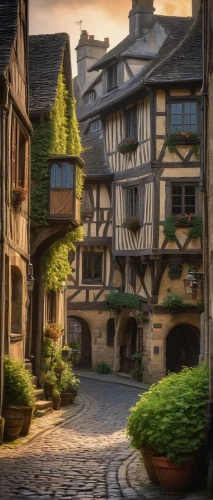 townscapes,medieval street,medieval town,escher village,knight village,half-timbered houses,rothenburg,highstein,dinan,quedlinburg,alpine village,monschau,wooden houses,alsace,shire,nargothrond,rothenburg of the deaf,sarlat,colmar,langeais,Art,Classical Oil Painting,Classical Oil Painting 22