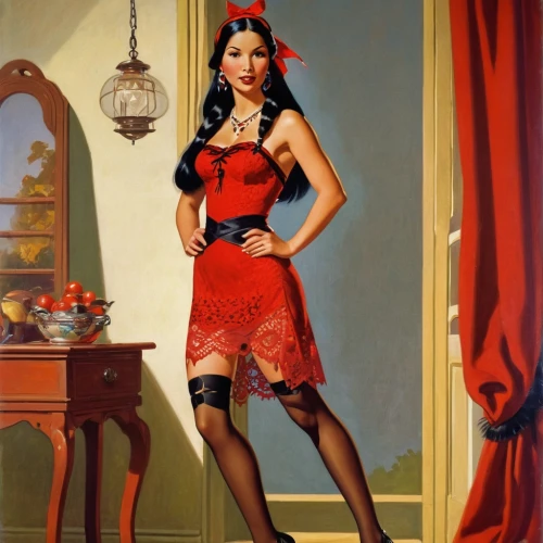 vettriano,tretchikoff,lady in red,retro pin up girl,redstockings,valentine pin up,valentine day's pin up,pin up christmas girl,christmas pin up girl,pin-up girl,hildebrandt,pin up girl,pin ups,retro woman,red shoes,art deco woman,currin,flamenca,man in red dress,vintage woman,Illustration,Retro,Retro 10