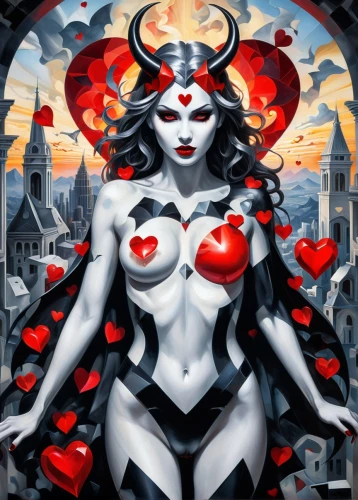 queen of hearts,aradia,promethea,demoness,scarlet witch,fantasy woman,baroness,barda,painted hearts,lilith,corazon,darna,viveros,demona,fire heart,darth talon,fire red eyes,valentierra,heart with crown,bedevil,Art,Artistic Painting,Artistic Painting 45