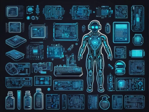 medical concept poster,blueprint,augmentation,blueprints,sci fiction illustration,synthetic,electronics,autopsy,tron,technological,objects,circuitry,technologist,devices,astronaut suit,transhumanism,biocontainment,humanoid,transhuman,cybernetic,Unique,Design,Sticker
