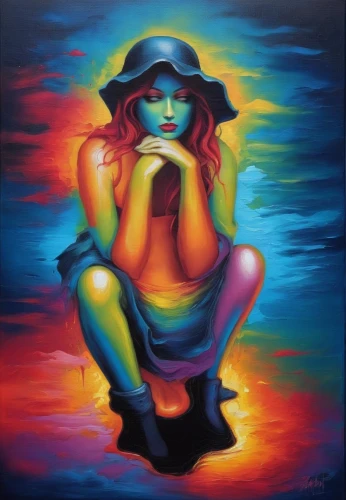 neon body painting,paschke,woman thinking,bodypainting,coloristic,girl wearing hat,the hat-female,woman sitting,pintura,welin,toucouleur,oil painting on canvas,girl sitting,rainbow background,vibrantly,art painting,colori,caple,femme,pintor,Illustration,Realistic Fantasy,Realistic Fantasy 25