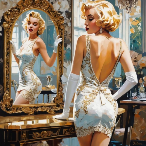 marilyns,marylin monroe,marylin,vanderhorst,marilynne,marilyn monroe,gena rolands-hollywood,marilyng,madge,pin ups,vanity fair,charlize,minogue,madonna,demarchelier,vintage angel,vintage fashion,satine,doll looking in mirror,corsets,Conceptual Art,Oil color,Oil Color 07