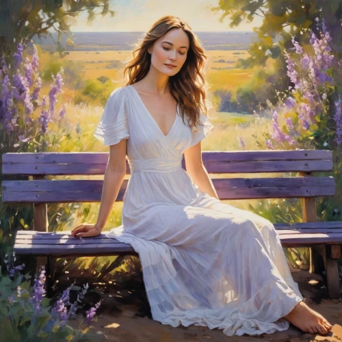 romantic portrait,lilacs,meadow,beckindale,serene,dillahunt,golden lilac,beckinsale,lilac tree,common lilac,park bench,photo painting,woman sitting,white lilac,tripplehorn,girl in a long dress,portrait background,bench,leighton,girl in the garden,Conceptual Art,Oil color,Oil Color 10