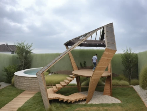 climbing garden,dog house frame,cubic house,dug-out pool,climbing frame,waterslide,3d rendering,grass roof,dunes house,play area,wooden ladder,wooden stairs,play tower,cube stilt houses,playset,children's playhouse,landscape design sydney,garden swing,wooden swing,waterslides,Photography,General,Realistic