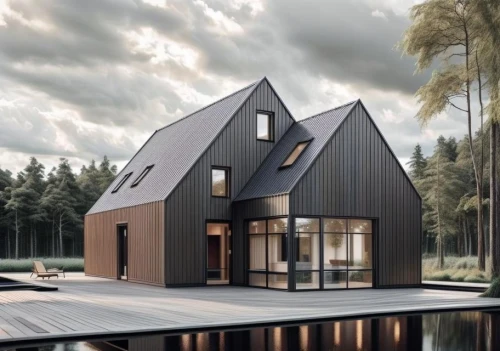 inverted cottage,timber house,wooden house,danish house,modern house,cubic house,folding roof,house shape,frame house,cube house,arkitekter,metal roof,house in the forest,electrohome,forest house,lohaus,prefab,prefabricated,modern architecture,scandinavian style