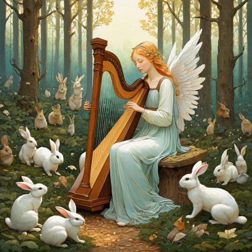 angel playing the harp,harp player,celtic harp,imbolc,angelicus,ostara,harp with flowers,harpist,trumpet of the swan,harp,ancient harp,swansong,sound of music,harp of falcon eastern,serenade,anjo,lyre,cantabile,hymn,dove of peace,Illustration,Realistic Fantasy,Realistic Fantasy 12