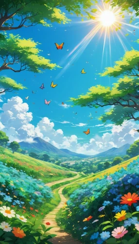 spring background,sea of flowers,spring leaf background,springtime background,summer meadow,butterfly background,nature background,landscape background,blooming field,summer background,sunburst background,spring sun,children's background,fairy world,summer day,meadow landscape,cartoon video game background,fairy forest,spring meadow,flower field,Illustration,Japanese style,Japanese Style 03