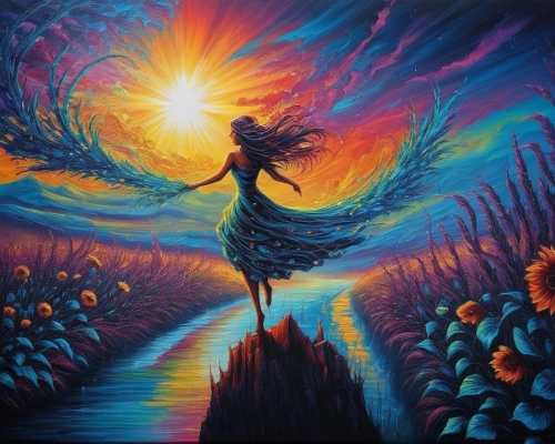 boho art,sundancer,oil painting on canvas,dream art,beltane,bohemian art,fantasy picture,fantasy art,art painting,dubbeldam,windbloom,fantasia,whirlwinds,fairy peacock,dreamtime,dreamscape,passion bloom,way of the roses,the mystical path,dreamscapes,Illustration,Realistic Fantasy,Realistic Fantasy 25