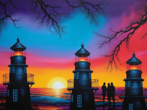 lighthouses,red lighthouse,lighthouse,electric lighthouse,light house,phare,art painting,minarets,lanterns,murano lighthouse,coast sunset,oil painting on canvas,chimneys,petit minou lighthouse,sea landscape,faro,farol,night scene,seaside resort,sailboats,Illustration,Realistic Fantasy,Realistic Fantasy 25