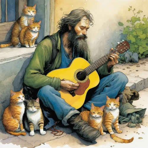 cavaquinho,grisman,folk music,troubadours,kristofferson,troubadors,folksongs,musique,folksinger,songful,ceol,bard,flatpicking,troubadour,loggins,kittelsen,street cat,serenades,urbanus,kittleson,Illustration,Realistic Fantasy,Realistic Fantasy 04