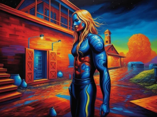 neon body painting,mystique,cortana,jasinski,welin,dazzler,bodypainting,deodato,miracleman,bodypaint,illyana,samus,hildebrandt,sandahl,lacombe,elektra,sci fiction illustration,blue painting,andromeda,dreadstar,Illustration,Realistic Fantasy,Realistic Fantasy 25