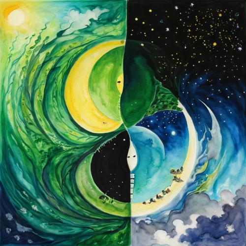 sun and moon,yinyang,day and night,stars and moon,yin yang,moon and star background,moon and star,the moon and the stars,bipolar,phase of the moon,koru,opposites,moon phases,planets,elements,whirlwinds,anahata,diptych,energies,spiral background,Illustration,Japanese style,Japanese Style 12