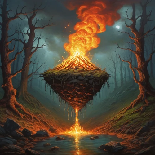 fire mountain,pillar of fire,krafla volcano,volcanic,krakatoa,vulcano,burning earth,eruption,volcanic eruption,burning tree trunk,lava,campfire,burning torch,pyromania,pyre,the eternal flame,fire background,the volcano,inferno,supervolcano,Illustration,Realistic Fantasy,Realistic Fantasy 18