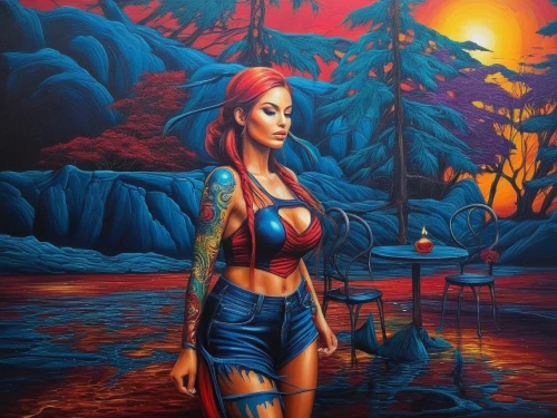 jasinski,welin,oil painting on canvas,fantasy art,neon body painting,lachapelle,elektra,oil on canvas,bodypainting,oil painting,bodypaint,pintura,girl on the river,fisherwoman,fantasy picture,art painting,pescador,girl with a dolphin,3d art,3d fantasy,Illustration,Realistic Fantasy,Realistic Fantasy 25