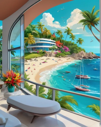 beach resort,window with sea view,holiday villa,seaside resort,beachfront,oceanfront,oceanview,ocean view,dream beach,beach restaurant,windows wallpaper,tropical house,solarium,seaside view,paradisus,resort,paradis,sunroom,ocean paradise,luxury bathroom,Conceptual Art,Oil color,Oil Color 21