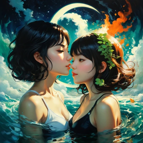 yinyang,fantasy picture,sirens,watery heart,rhinemaidens,mermaids,moon and star,dream art,girl kiss,fantasy art,romantic portrait,hoshihananomia,sea night,sun and moon,moorii,wlw,water lotus,maidens,moonlit night,fantasy portrait,Conceptual Art,Fantasy,Fantasy 19