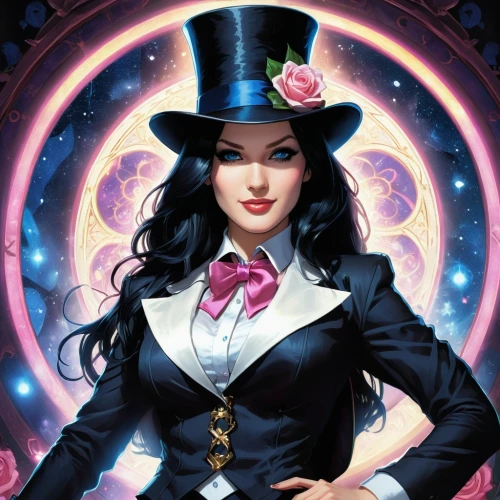 zatanna,zatara,magicienne,magician,ringmaster,lorelai,bowler hat,melora,narcissa,magica,hatter,black hat,branca,victoriana,leota,wiccan,selina,tsuneo,ringleader,elvira,Illustration,Realistic Fantasy,Realistic Fantasy 25