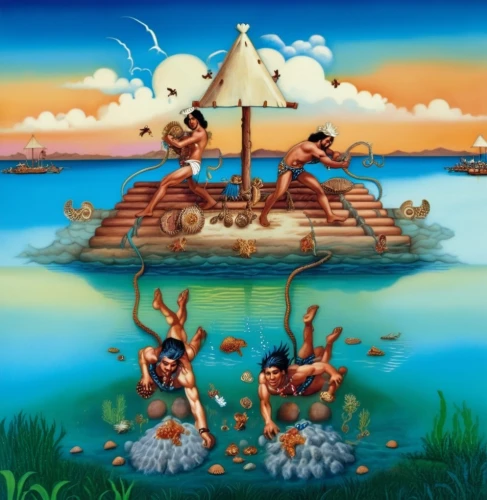 iroquoians,cartoon video game background,java island,indigenous painting,minoans,polynesians,island residents,floating islands,polynesia,noah's ark,game illustration,pescadores,cd cover,austronesian,sea fantasy,seacology,zoombinis,ojibway,archipelagoes,pirate ship,Illustration,Paper based,Paper Based 09