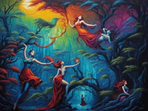 dancers,beltane,kupala,varekai,contradanza,orpheus,bhagavatam,janmashtami,cirque du soleil,serenata,danse macabre,fantasia,fairy world,balanchine,concerto,rhinemaidens,fairies aloft,oil painting on canvas,dance performance,radhakrishna,Illustration,Realistic Fantasy,Realistic Fantasy 25