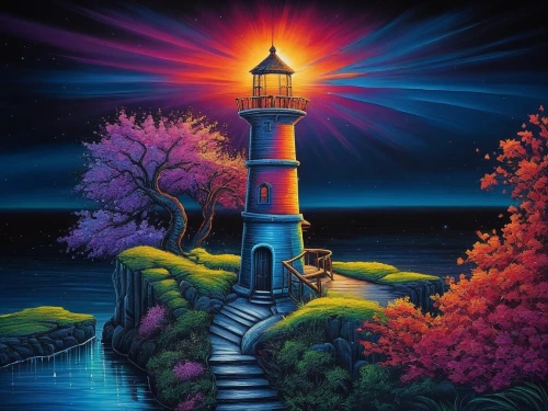 lighthouse,lighthouses,light house,red lighthouse,electric lighthouse,phare,petit minou lighthouse,maiden's tower,illuminated lantern,light station,point lighthouse torch,sea landscape,coastal landscape,fantasy picture,colorful light,murano lighthouse,guiding light,illuminate,hildebrandt,lava lamp,Illustration,Realistic Fantasy,Realistic Fantasy 25