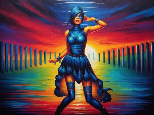 flamenca,kitana,woman walking,warrior woman,neon body painting,elektra,blue painting,woman playing,chicanas,paschke,varekai,firedancer,blue enchantress,musidora,dancer,indigenous painting,oil painting on canvas,bodypainting,welin,azul,Illustration,Realistic Fantasy,Realistic Fantasy 25