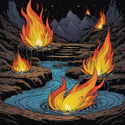 fire and water,cauldrons,fire mountain,supervolcano,lake of fire,the eternal flame,fire bowl,firepit,campfire,fire land,volcano pool,lava river,hotsprings,fire background,krafla volcano,fire in the mountains,campfires,fire planet,cauldron,fire pit,Illustration,Vector,Vector 11