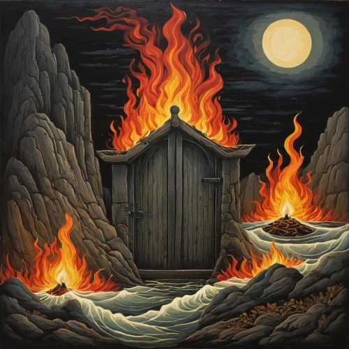 door to hell,burning house,wooden sauna,siggeir,sauna,burned pier,firedamp,wooden door,outhouse,wooden church,saunas,lake of fire,blackhouse,fireroom,pyromania,witch house,cremation,fireplaces,witch's house,the threshold of the house,Art,Artistic Painting,Artistic Painting 28