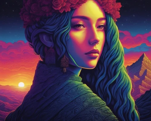 duenas,sky rose,fantasy portrait,flora,dune,inanna,digital art,persephone,digital illustration,boho art,niobe,baoshun,diwata,landscape rose,digital artwork,dusk,mystical portrait of a girl,moondragon,pachamama,virgo,Illustration,Realistic Fantasy,Realistic Fantasy 25