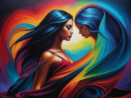 colorful heart,affirmance,vibrantly,amantes,garamantes,art painting,wlw,man and woman,couple in love,rainbow waves,colorful background,bodypainting,welin,romantic portrait,oil painting on canvas,harmony of color,rainbow background,toucouleur,vibrancy,colorfulness,Illustration,Realistic Fantasy,Realistic Fantasy 25