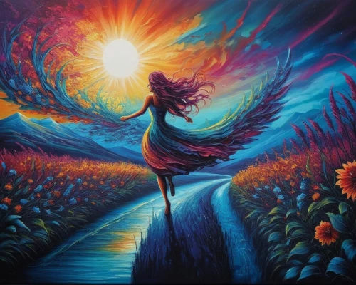 dubbeldam,oil painting on canvas,dream art,fantasy art,fantasy picture,art painting,boho art,sundancer,dance with canvases,bohemian art,vibrantly,the mystical path,pathway,passion bloom,dreamscape,sunburst background,fantasia,vibrancy,creative background,woman walking,Illustration,Realistic Fantasy,Realistic Fantasy 25
