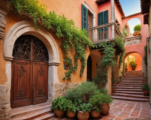 provencal,roussillon,tuscan,provencal life,provence,cortile,tuscany,toscane,spanish tile,quirico,riad,courtyards,exterior decoration,courtyard,archways,terracotta tiles,grasse,casbah,marrakesh,entryways,Art,Classical Oil Painting,Classical Oil Painting 25