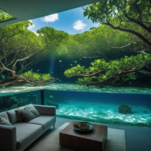 underwater oasis,underwater landscape,great room,underwater background,tropical jungle,water sofa,tropical forest,ocean underwater,tropical house,cave on the water,3d background,seclude,virtual landscape,infinity swimming pool,living room,secluded,underwater playground,tropical island,livingroom,maldive,Photography,Artistic Photography,Artistic Photography 01