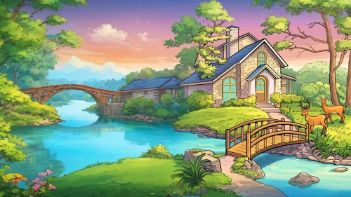 idyllic,cartoon video game background,summer cottage,landscape background,springtime background,butka,fairy village,home landscape,house by the water,spring background,dreamhouse,watermill,background design,water mill,children's background,aqua studio,aurora village,fairy world,house with lake,house in the forest