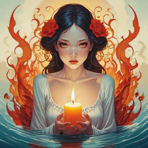 fire and water,burning candle,kupala,flame spirit,candle,burning candles,persephone,candlelights,beltane,fire siren,aquarius,flame of fire,fire angel,melisandre,sirens,imbolc,candlelight,candlemaker,candlelit,llorona,Illustration,Abstract Fantasy,Abstract Fantasy 11