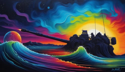 sea fantasy,rainbow waves,spelljammer,fantasy picture,atlantis,atlantica,3d fantasy,fantasy art,imagination,imaginationland,samudra,fantasy world,poseidon,lighthouses,dreadnaught,rainbow clouds,rainbow at sea,dreamscape,tidal wave,wavefront,Illustration,Realistic Fantasy,Realistic Fantasy 25