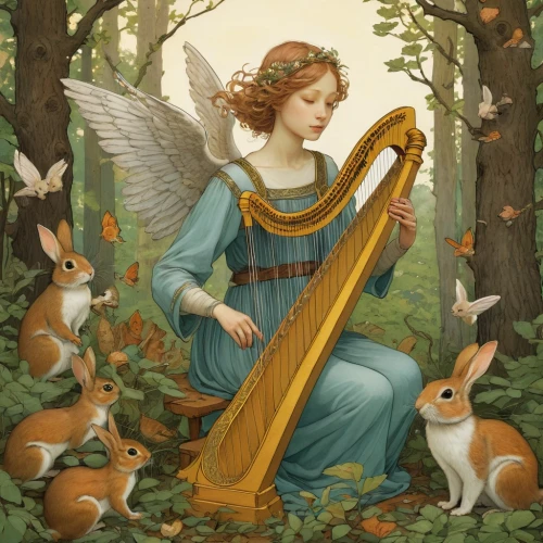 angel playing the harp,ostara,imbolc,harp player,faerie,faery,ostern,celtic harp,harp with flowers,pan flute,angel's trumpets,fairie,lyre,anjo,harp of falcon eastern,baroque angel,psaltery,cherubim,flautist,angelicus,Illustration,Realistic Fantasy,Realistic Fantasy 12