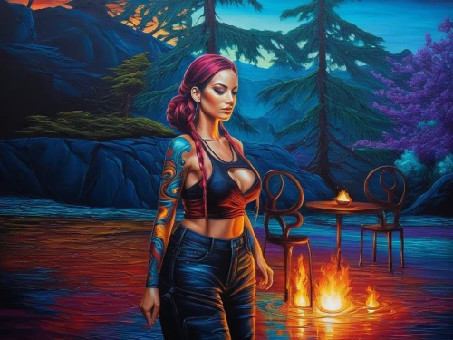 jasinski,fantasy picture,fantasy art,fire dancer,fire artist,campfire,triss,neon body painting,rosa ' amber cover,sci fiction illustration,epica,girl on the river,katniss,fire and water,world digital painting,fire angel,firelight,fire siren,fantasy portrait,palmiotti,Illustration,Realistic Fantasy,Realistic Fantasy 25