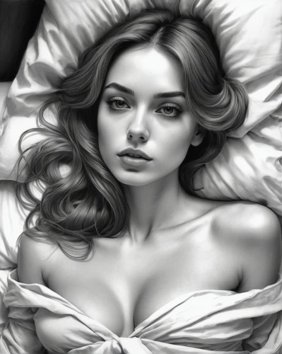 woman on bed,girl in bed,charcoal drawing,digital painting,charcoal pencil,pencil drawings,bedsheets,seyfried,bed sheet,world digital painting,pencil drawing,bedsheet,bedspread,vanderhorst,bedclothes,margaery,girl drawing,woman laying down,bed,sheets,Illustration,Realistic Fantasy,Realistic Fantasy 07