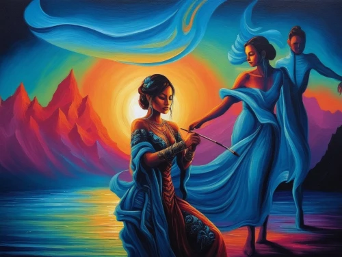 radhakrishna,oil painting on canvas,indigenous painting,priestesses,art painting,annunciation,rhinemaidens,the annunciation,khokhloma painting,oil painting,the flute,enchanters,indian art,serenade,dance with canvases,dubbeldam,garamantes,reinas,matriarchs,janmashtami,Illustration,Realistic Fantasy,Realistic Fantasy 25