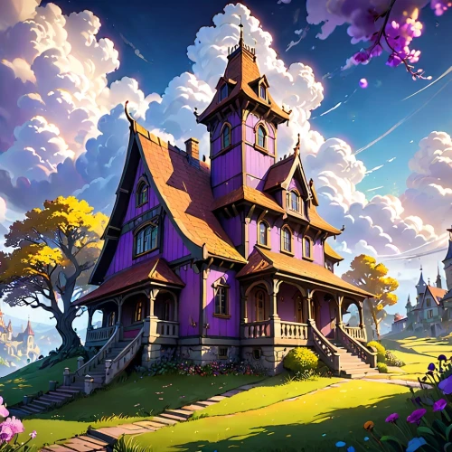 witch's house,fairy tale castle,fairytale castle,dreamhouse,house silhouette,purple wallpaper,purple landscape,witch house,rapunzel,kinkade,little house,sylvania,victorian house,house painting,beautiful home,lonely house,knight's castle,cartoon video game background,maplecroft,beautiful wallpaper,Anime,Anime,Cartoon